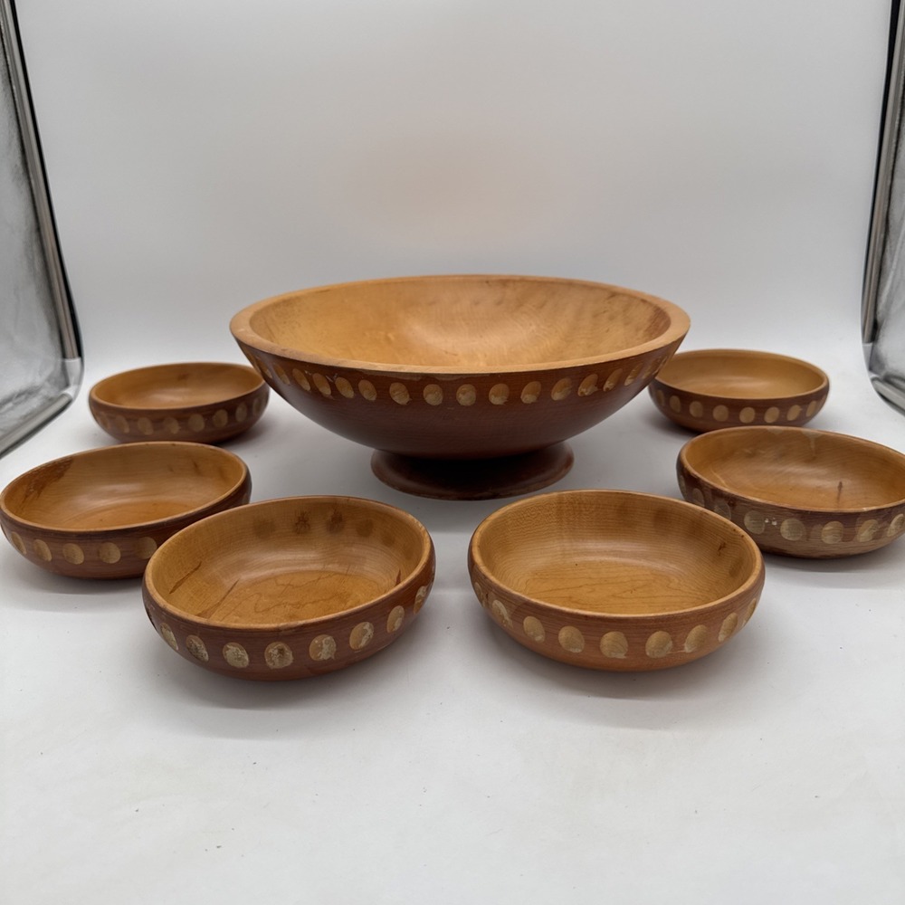 Vintage Munising Wooden Bowls Large Footed Bowl & 6 Salad Bowls